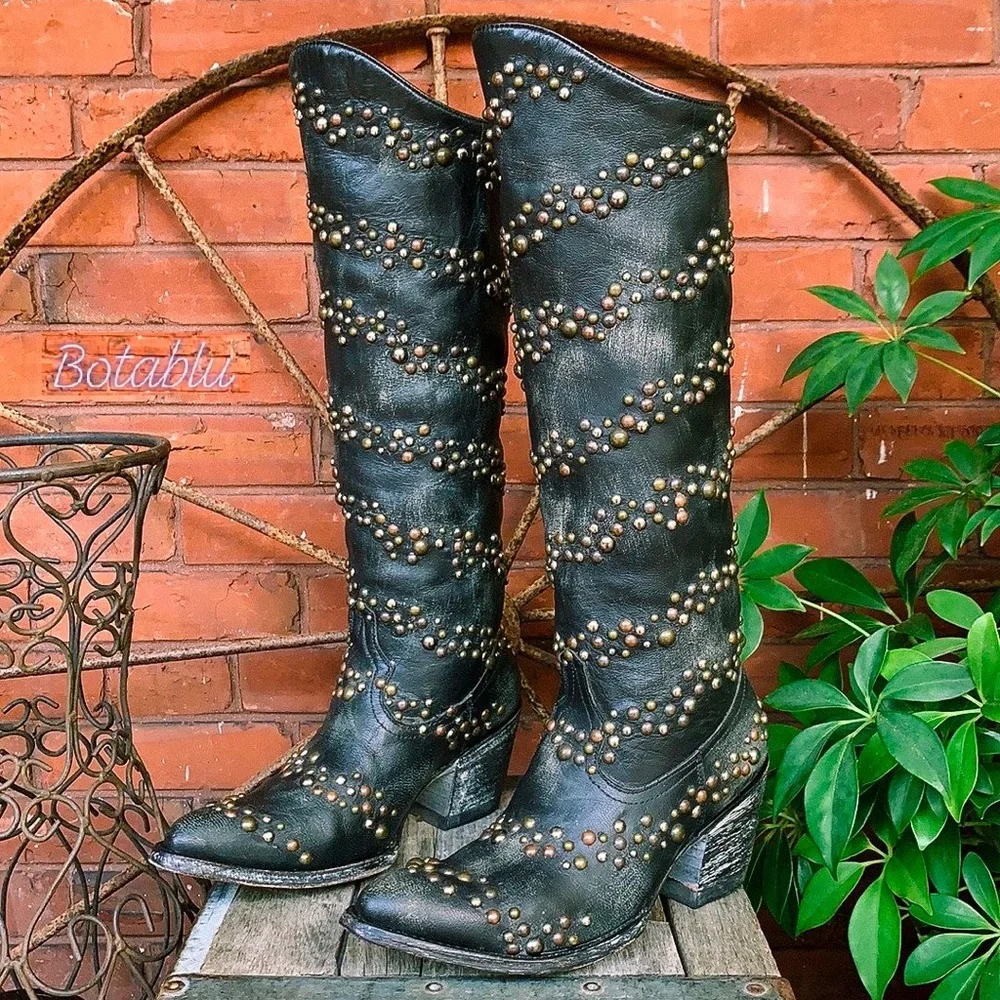 OLD GRINGO Rare Tall Studded Black Leather Cowgirl Western Boots Size 6 - Picture 11 of 12